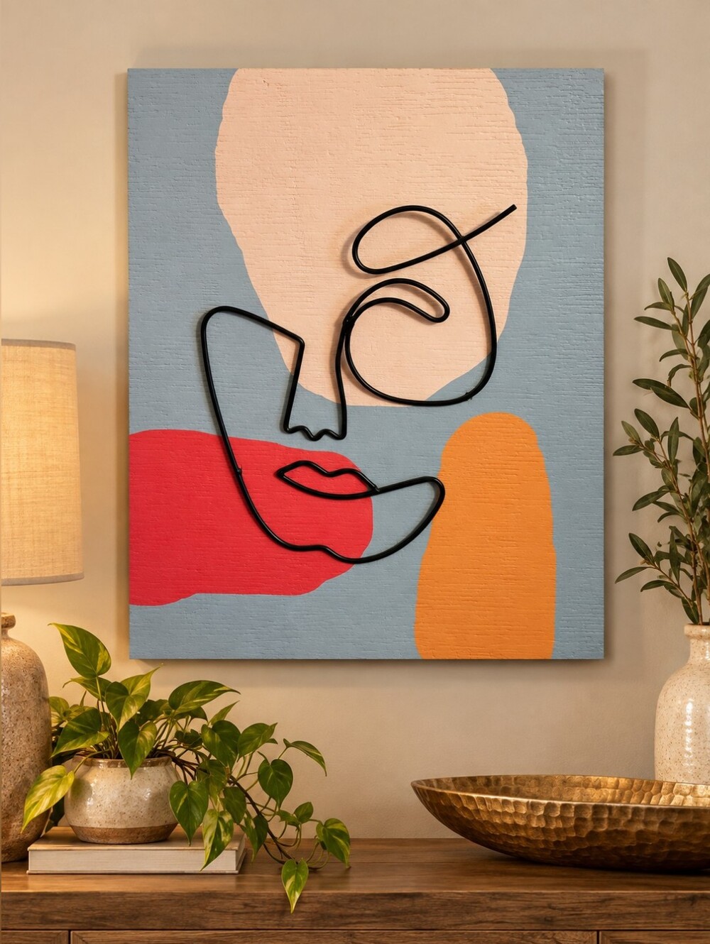 Face Wire Line Wall Art - Blue, Pink, Red & Orange